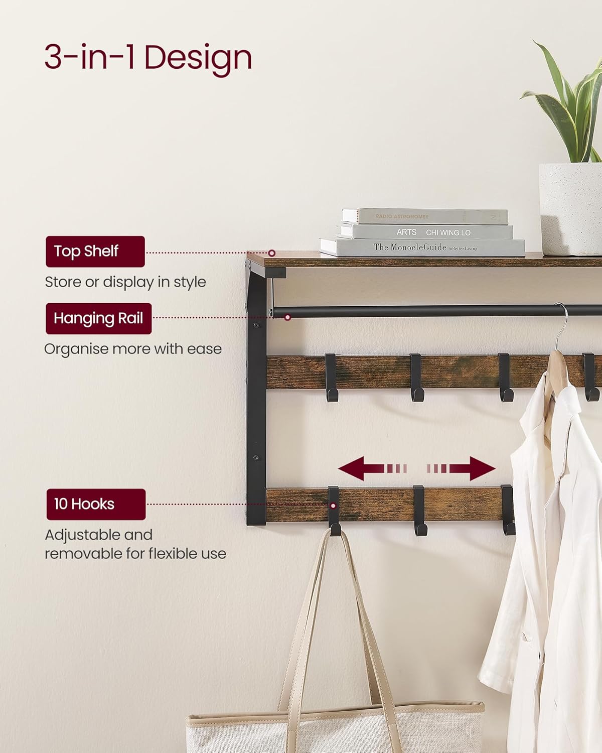VASAGLE Cuier de perete cu raft de depozitare, 10 carlige, 30x80x42 cm, maro rustic