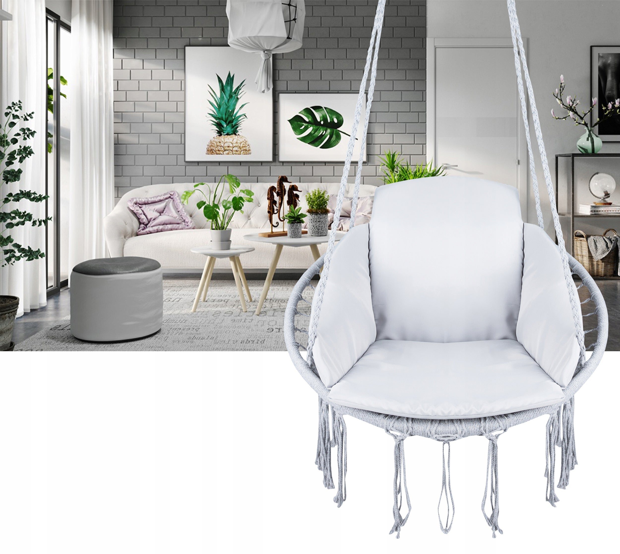 Scaun rotund tip leagan suspendat cu perna Confort casa sau gradina, gri