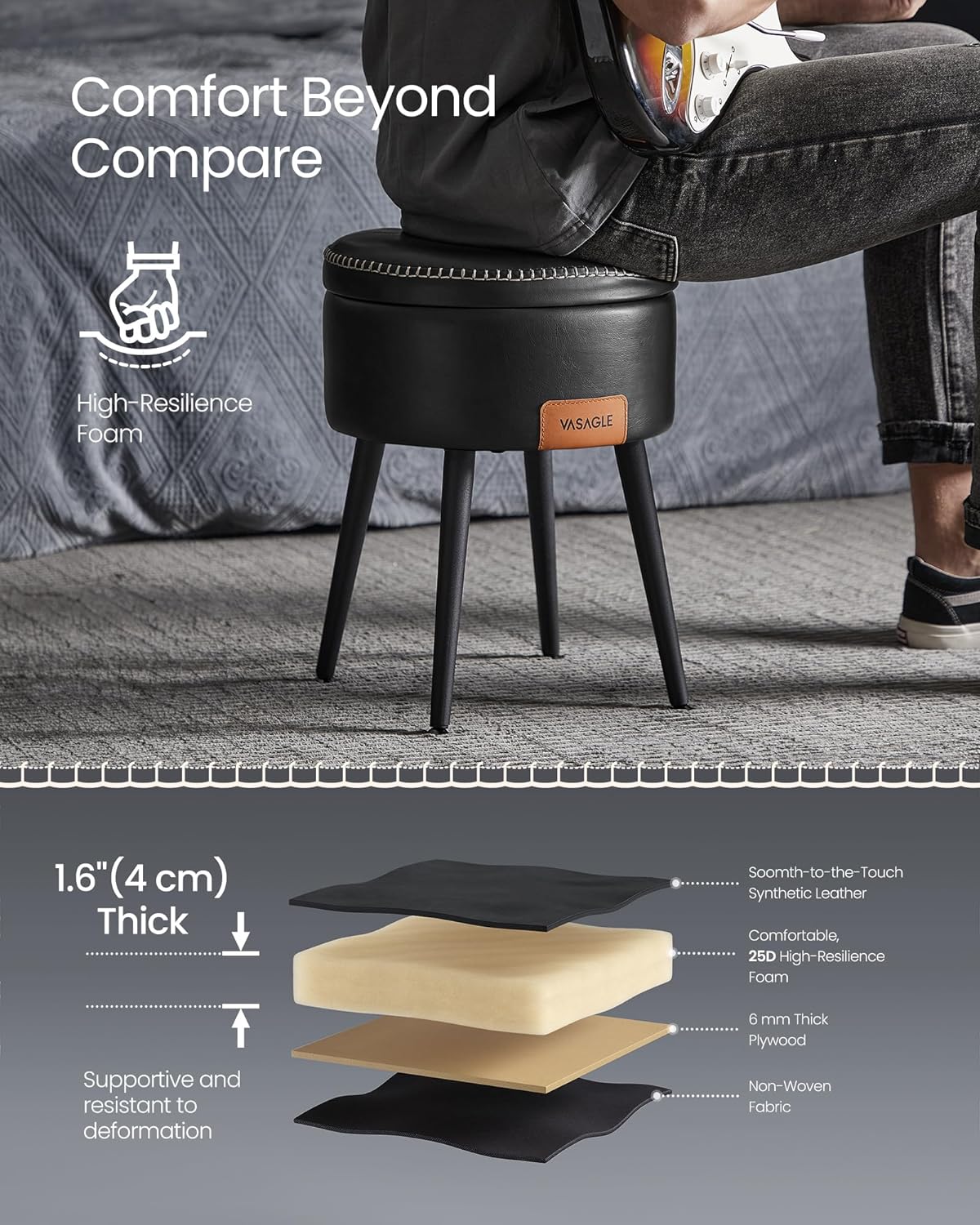 VASAGLE Taburet cu spatiu de depozitare, tapitat PU, cu 2 fete, diametru 32 cm, negru