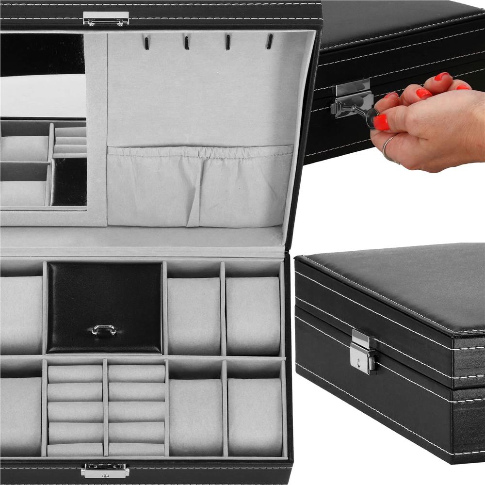 Cutie depozitare si organizare ceasuri si alte accesorii, MDF, piele ecologica, 30x20x8cm, negru
