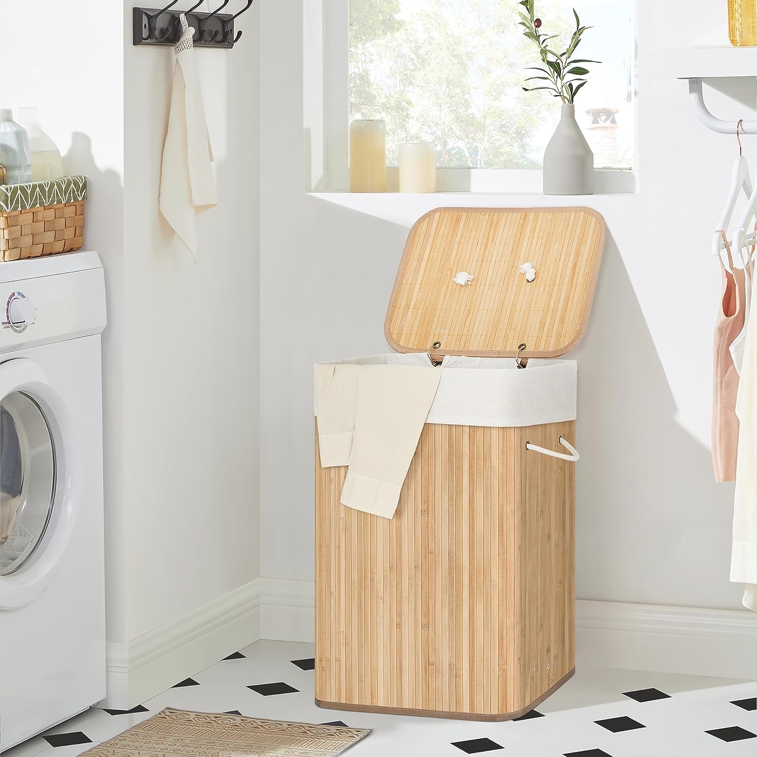 SONGMICS Cos de rufe din bambus, pliabil, cu captuseala detasabila lavabila, 72L, 40x30x60cm, natural