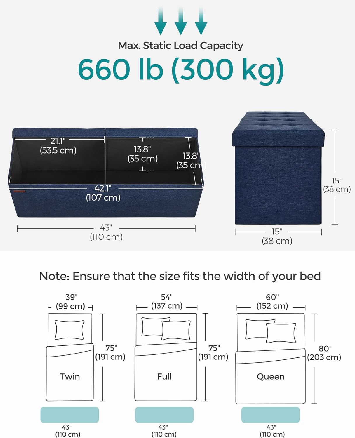 Taburet pliabil cu sezut moale, spatiu de depozitare 131litri, maxim 300kg, 110x38x38cm, albastru inchis