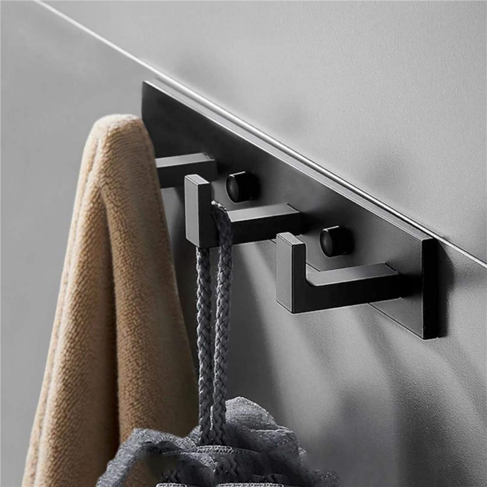 Cuier de baie pentru prosoape cu 2 sisteme instalare, aluminiu, 3 agatatori, 25x4cm, negru