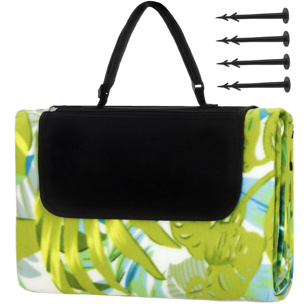 Patura pentru picnic sau plaja, cu folie izolatoare si maner, 150x200cm, model frunze, verde