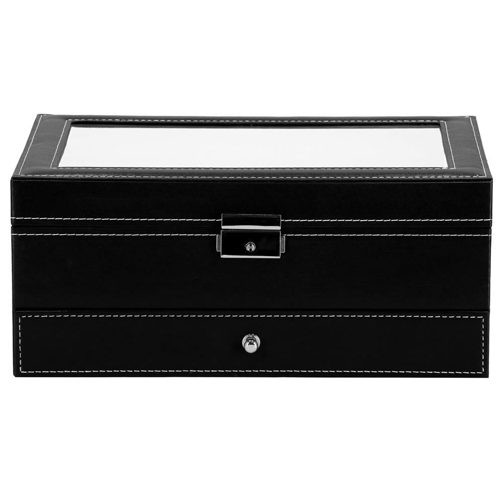 Cutie depozitare si organizare ceasuri si alte accesorii, MDF, piele ecologica, 30x20x13cm, negru