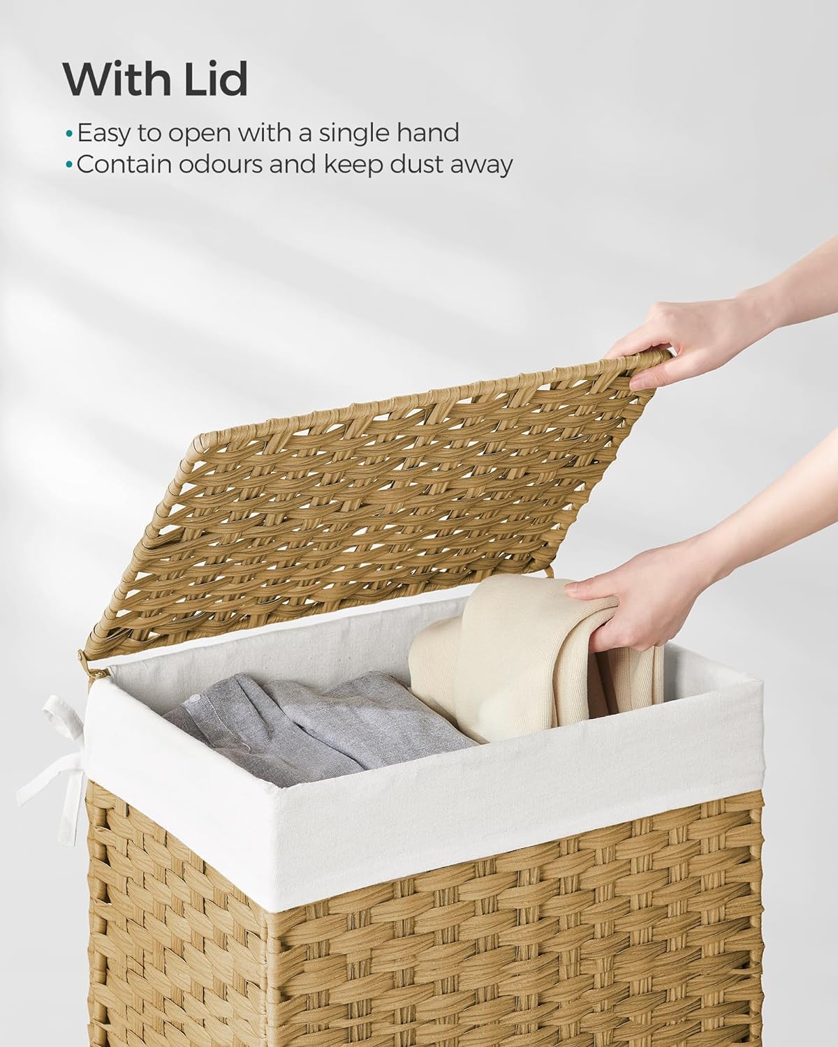 SONGMICS Cos de rufe stil ratan, cu captuseala detasabila lavabila, 90 litri, 46x33x60 cm, natural