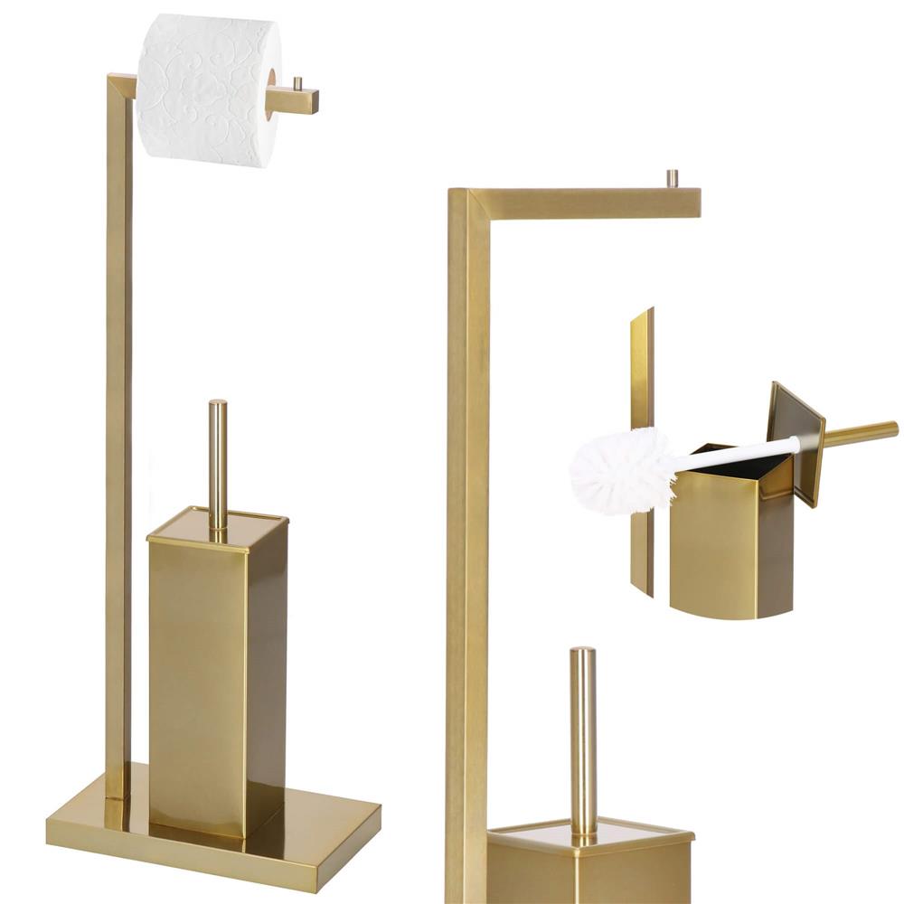 Stand cu perie WC si suport hartie igienica, metal si bambus, 67cm, auriu