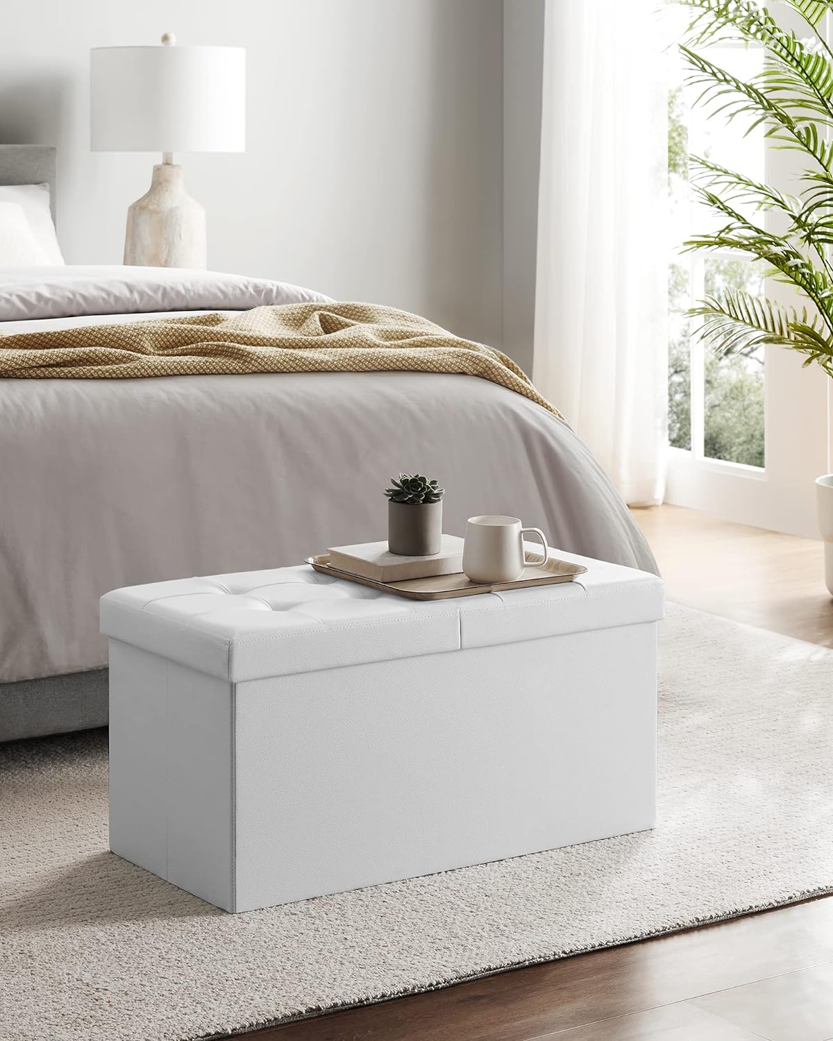 SONGMICS Taburet pliabil cu sezut moale, spatiu depozitare 80 litri, max 300kg, 76x38x38 cm, alb