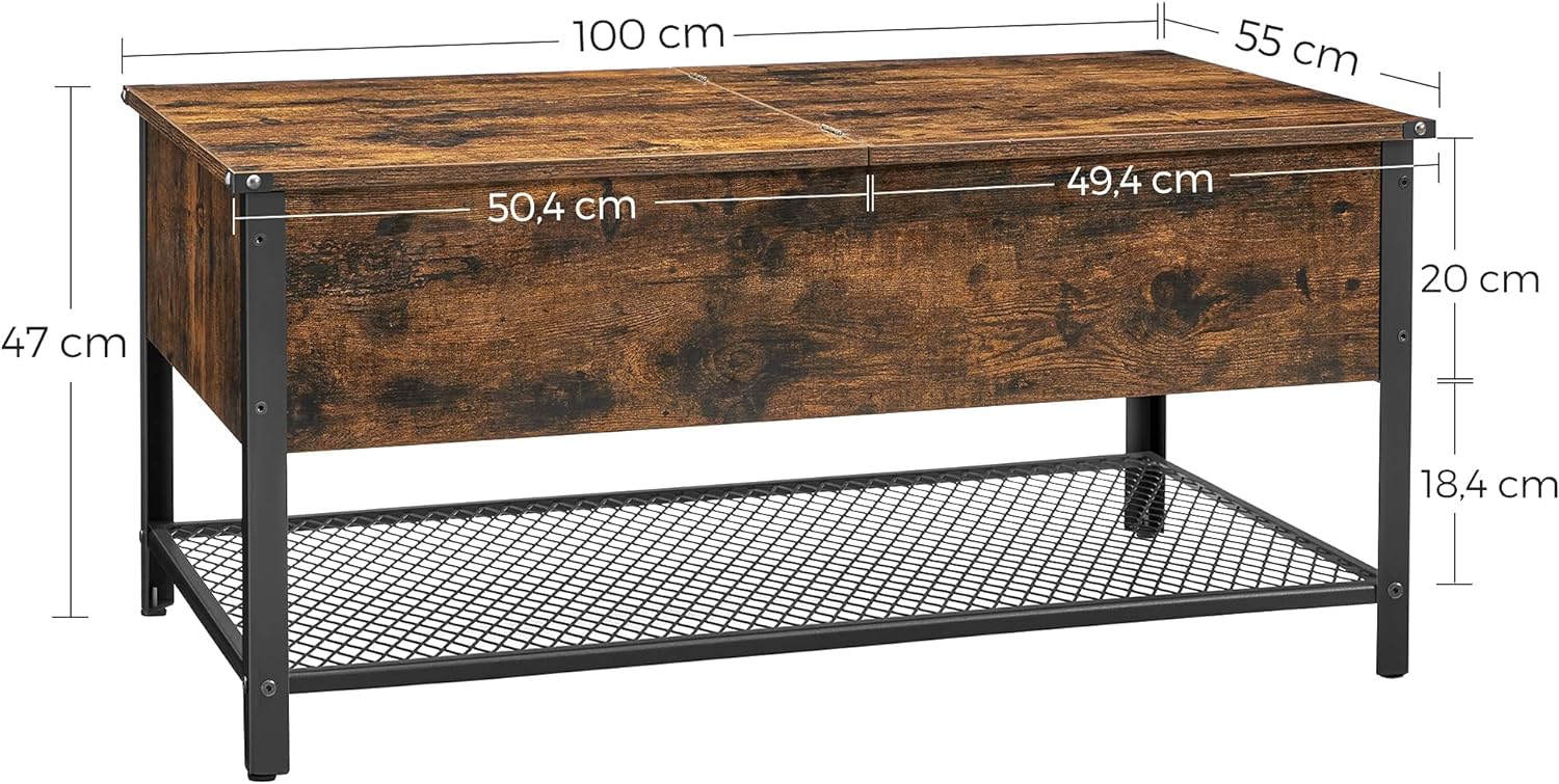 Masuta de cafea cu capac rabatabil, compartiment depozitare ascuns si raft plasa, industrial, 100x55x47cm, maro rustic si negru