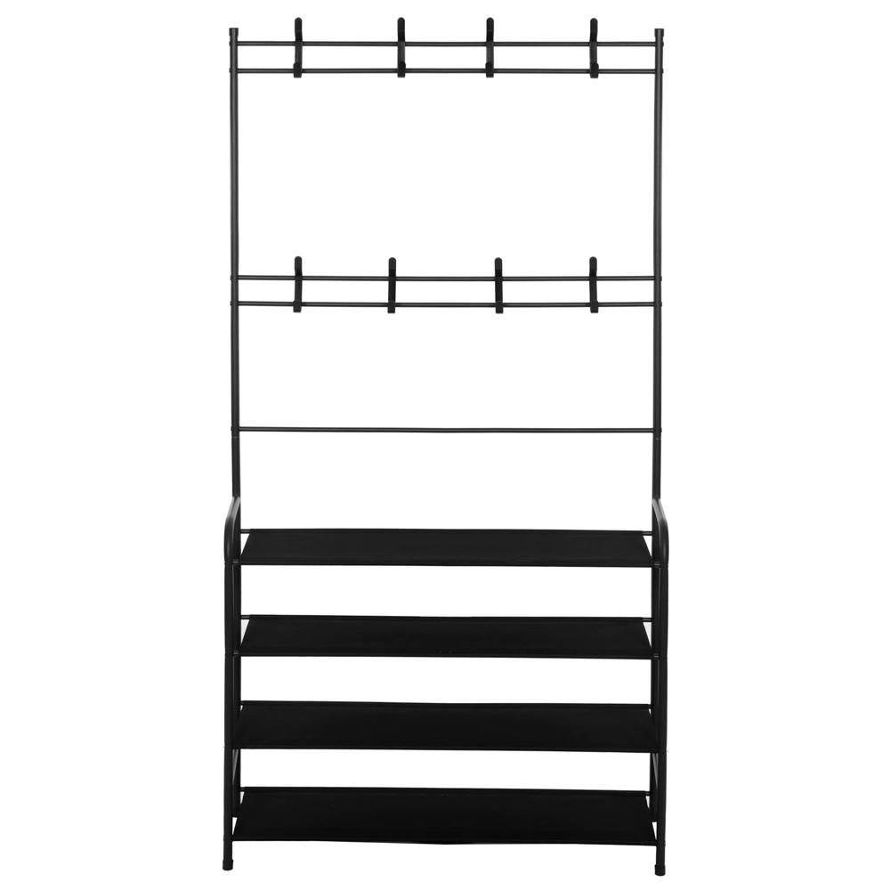 Cuier pentru haine cu banc de depozitare pantofi pe 4 polite, cadru metalic, 25x80x150cm, negru