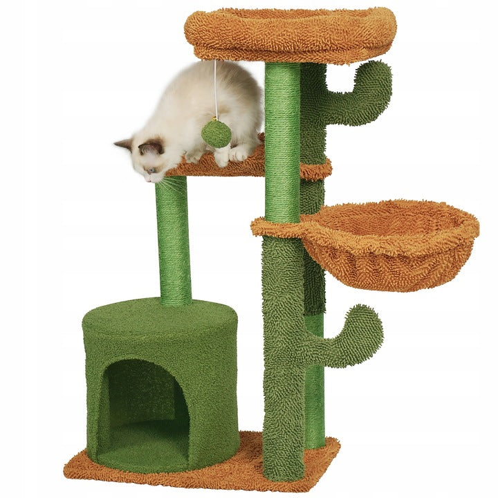 Ansamblu de joaca pentru pisici, model cactus, ascunzatoare, culcus, 47x47x90 cm, verde si portocaliu