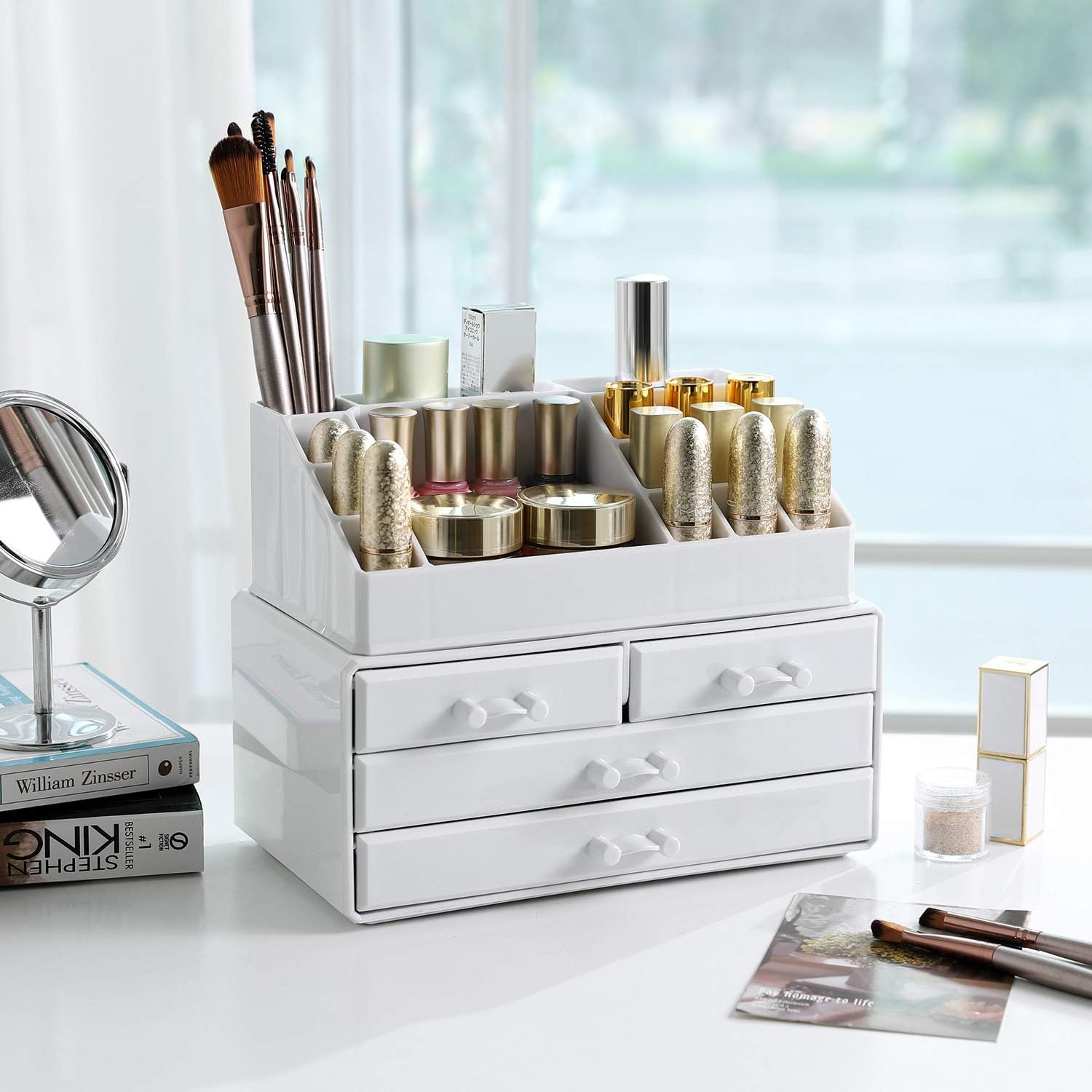SONGMICS Organizator de cosmetice, cu 4 sertare si 16 compartimente de diferite dimensiuni, 24x14x19cm, alb