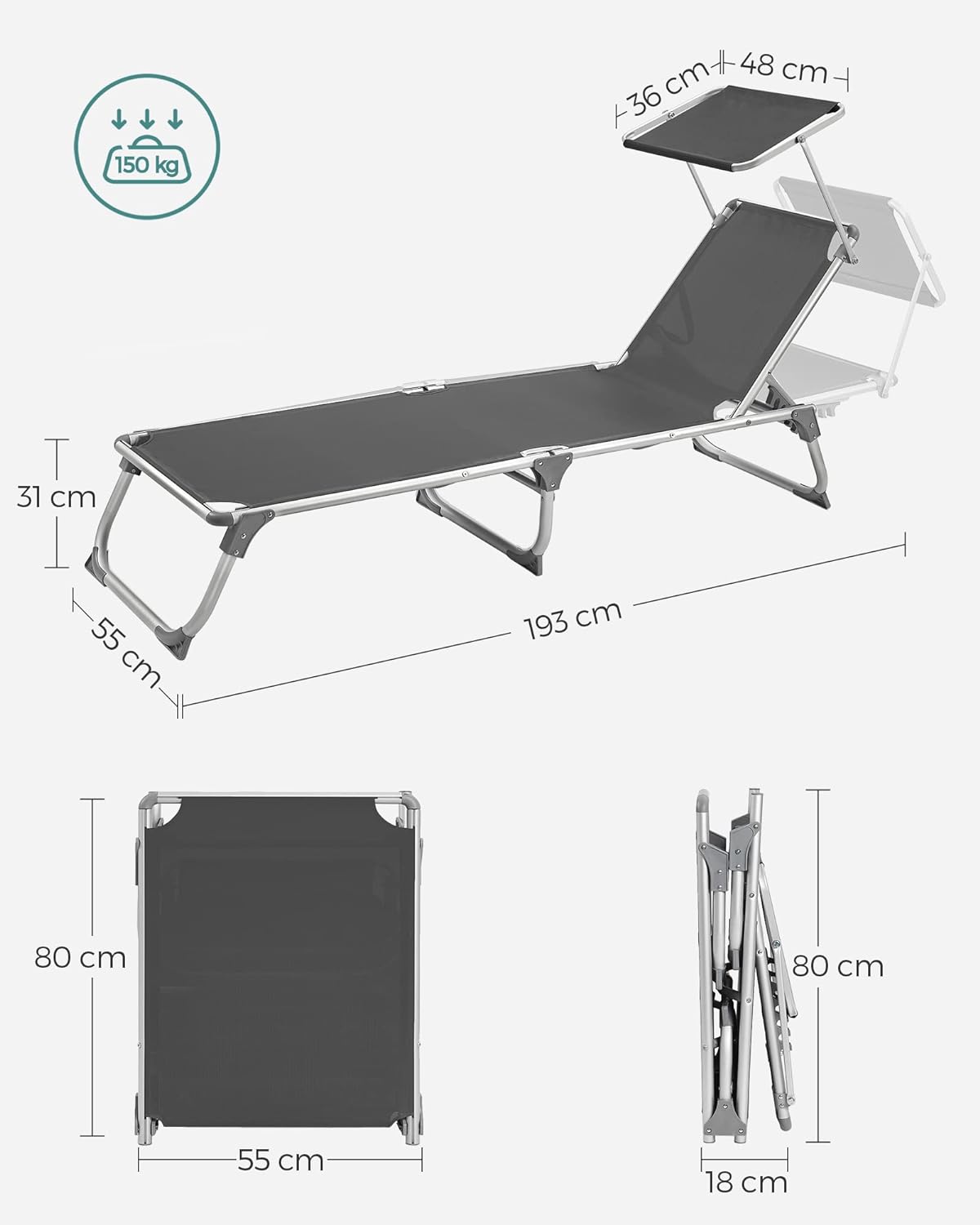 SONGMICS Sezlong pliabil, cu parasolar, spatar reglabil in 5 pozitii, maxim 150kg, 193x55x31cm, gri