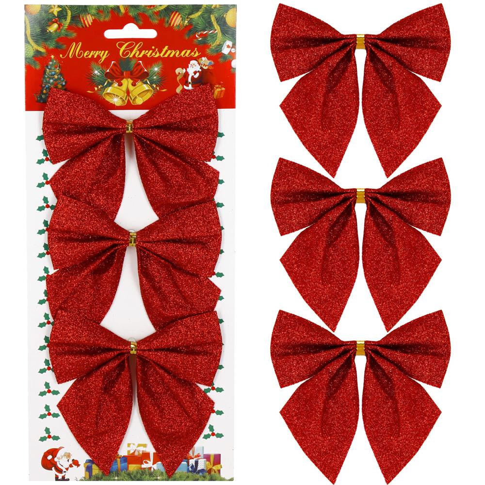 Set 3 ornamente pentru bradul de Craciun, fundita, 11cm, rosu