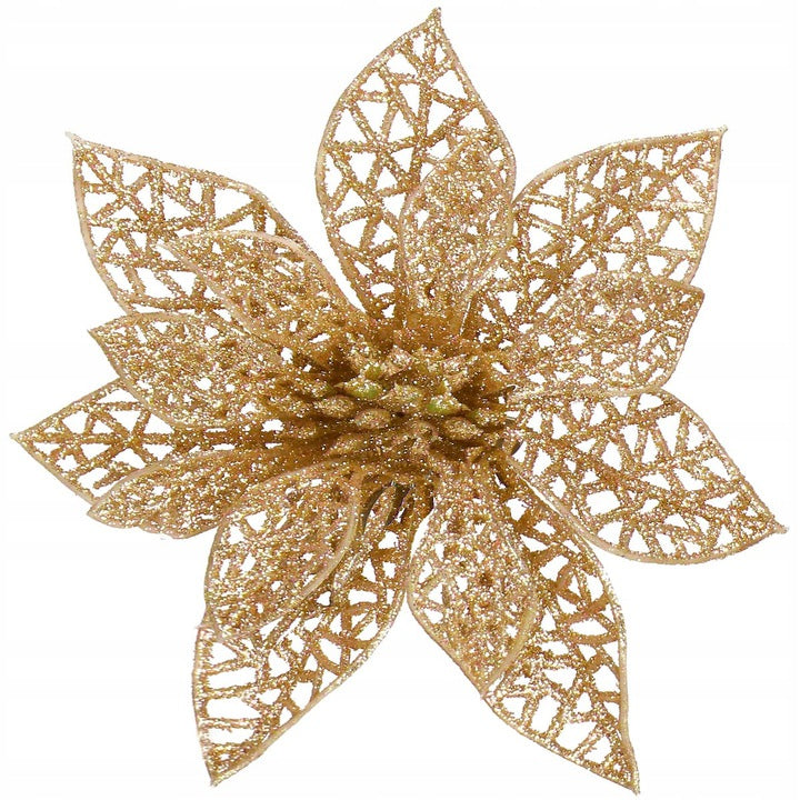 Set 10 ornamente pentru bradul de Craciun, stea Poinsettia, 14cm, auriu