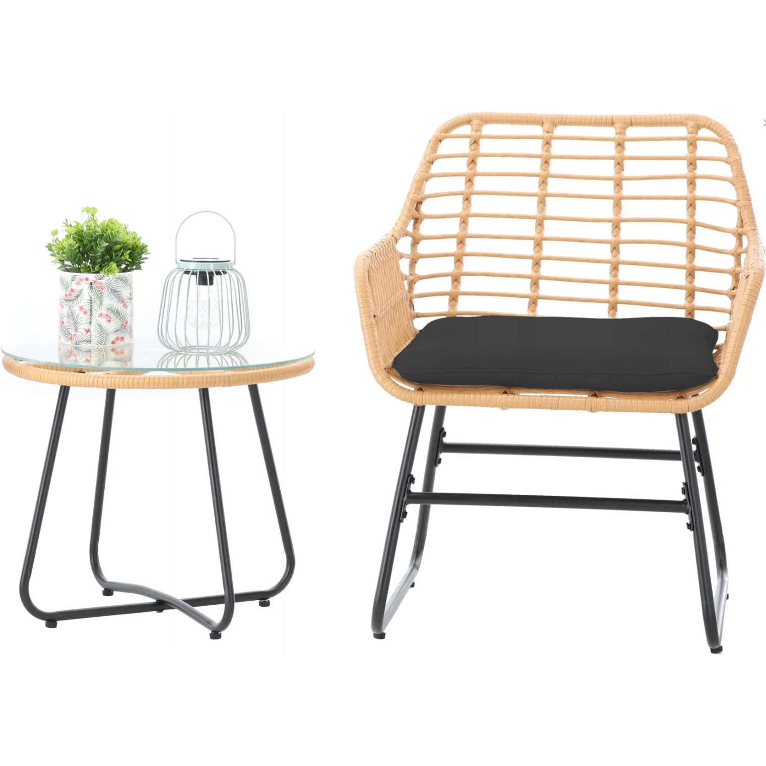 Set mobilier gradina din ratan, 2 scaune cu perne, 1 masa rotunda, maro