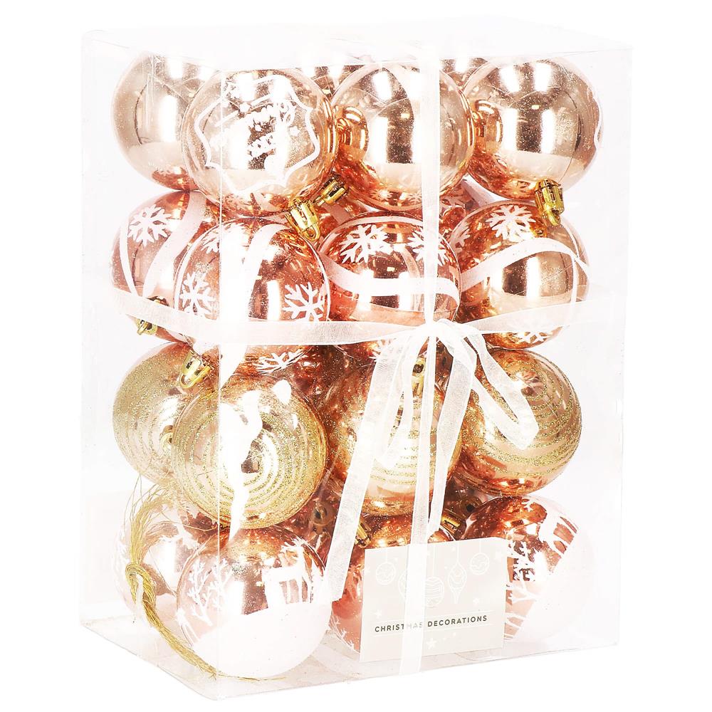 Set globuri de Craciun cu modele de sarbatori, 24 bucati, 6cm, rose
