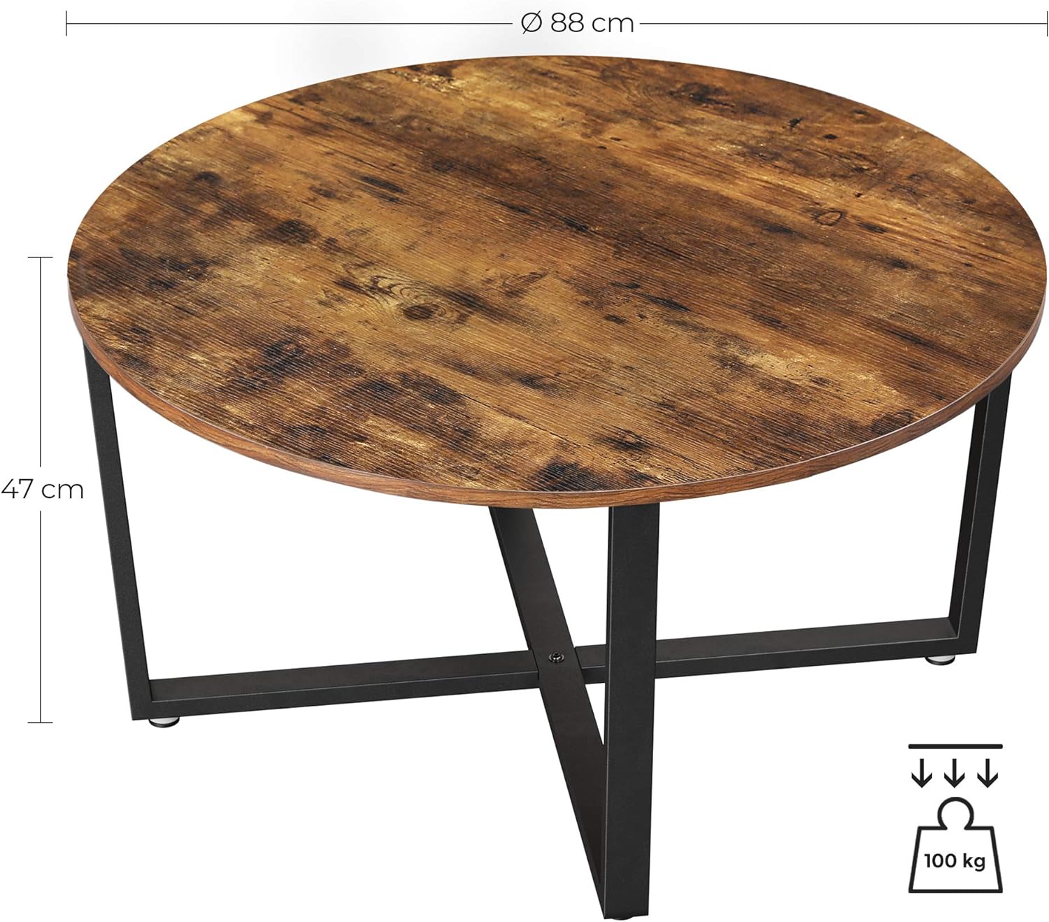 Masa de cafea rotunda, stil industrial, cadru metalic si blat lemn, 88x88x47cm, maro rustic si negru
