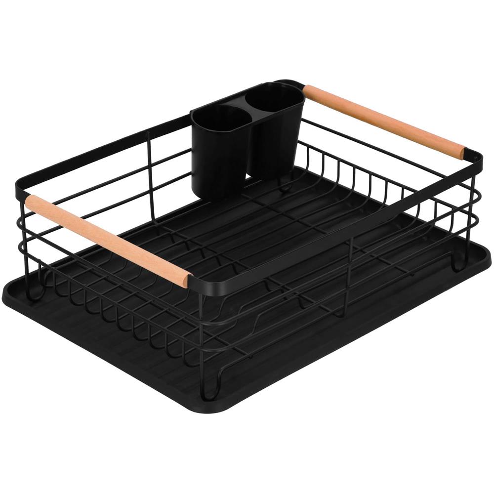 Uscator de vase cu suport tacamuri, din otel, cu tava de scurgere, manere lemn, 42x32x15cm, negru