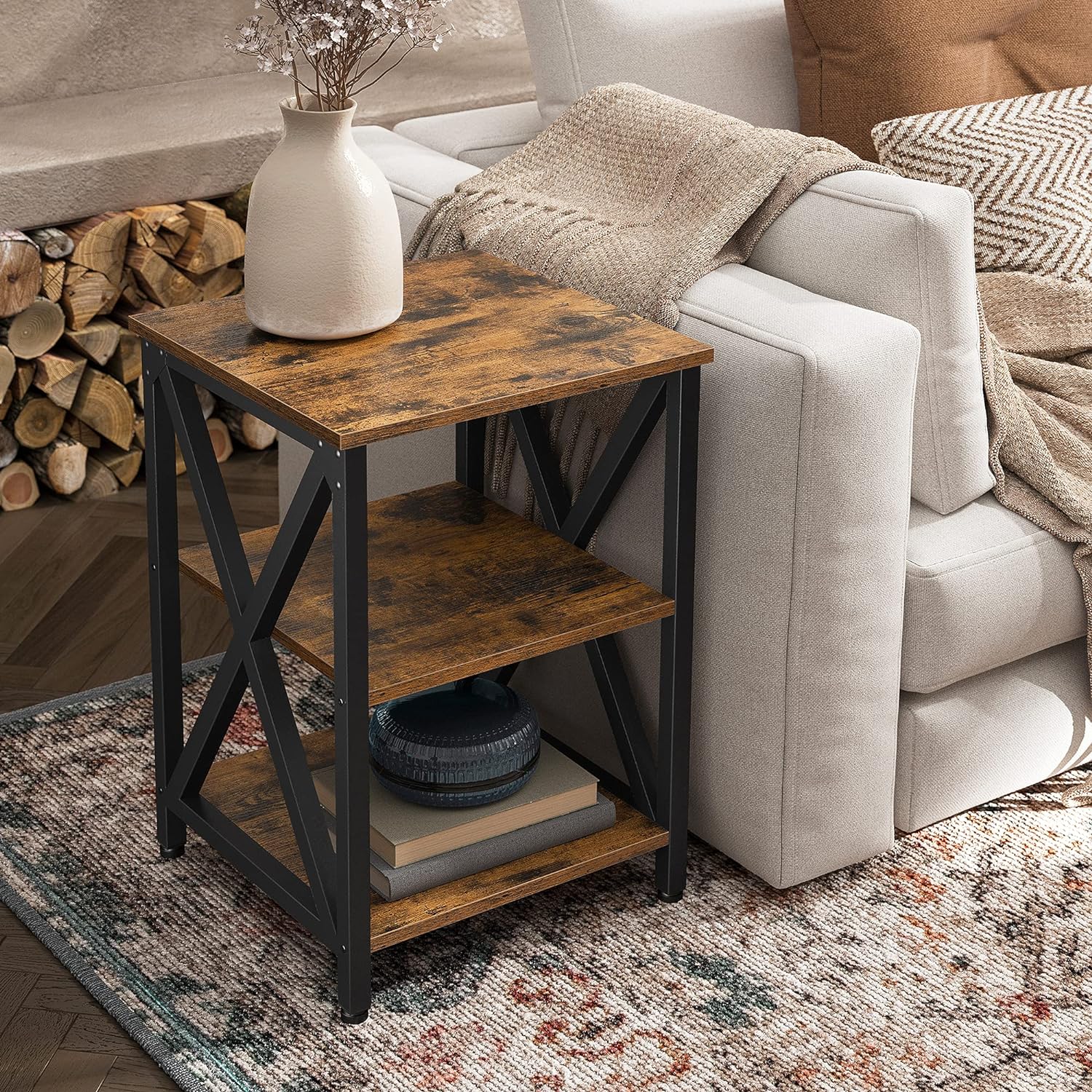 VASAGLE Noptiera mica din metal cu design in forma de X, 2 rafturi de depozitare, stil industrial, 40x40x60cm, maro rustic