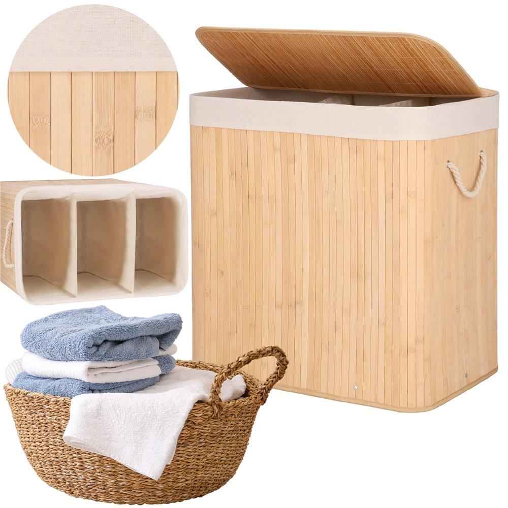 Cos de rufe din bambus, pliabil, cu captuseala detasabila lavabila, 3 compartimente, 150L, 63x42x62cm, maro