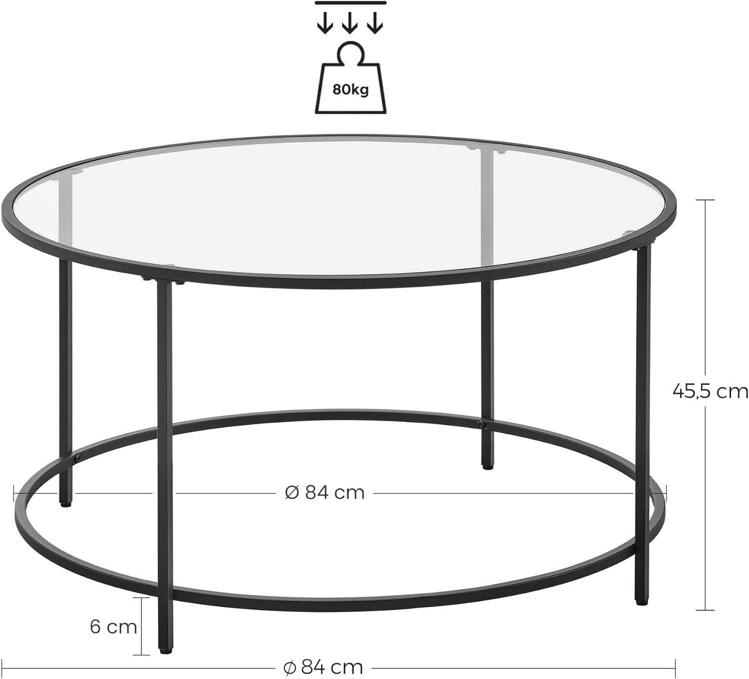 VASAGLE Masa de cafea rotunda, din sticla securizata cu cadru metalic, 84x84x45cm, negru