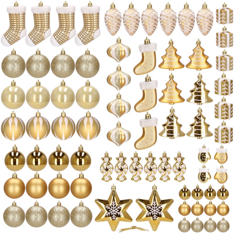 Set globuri si decoratiuni de Craciun, 77 piese, diverse dimensiuni, auriu
