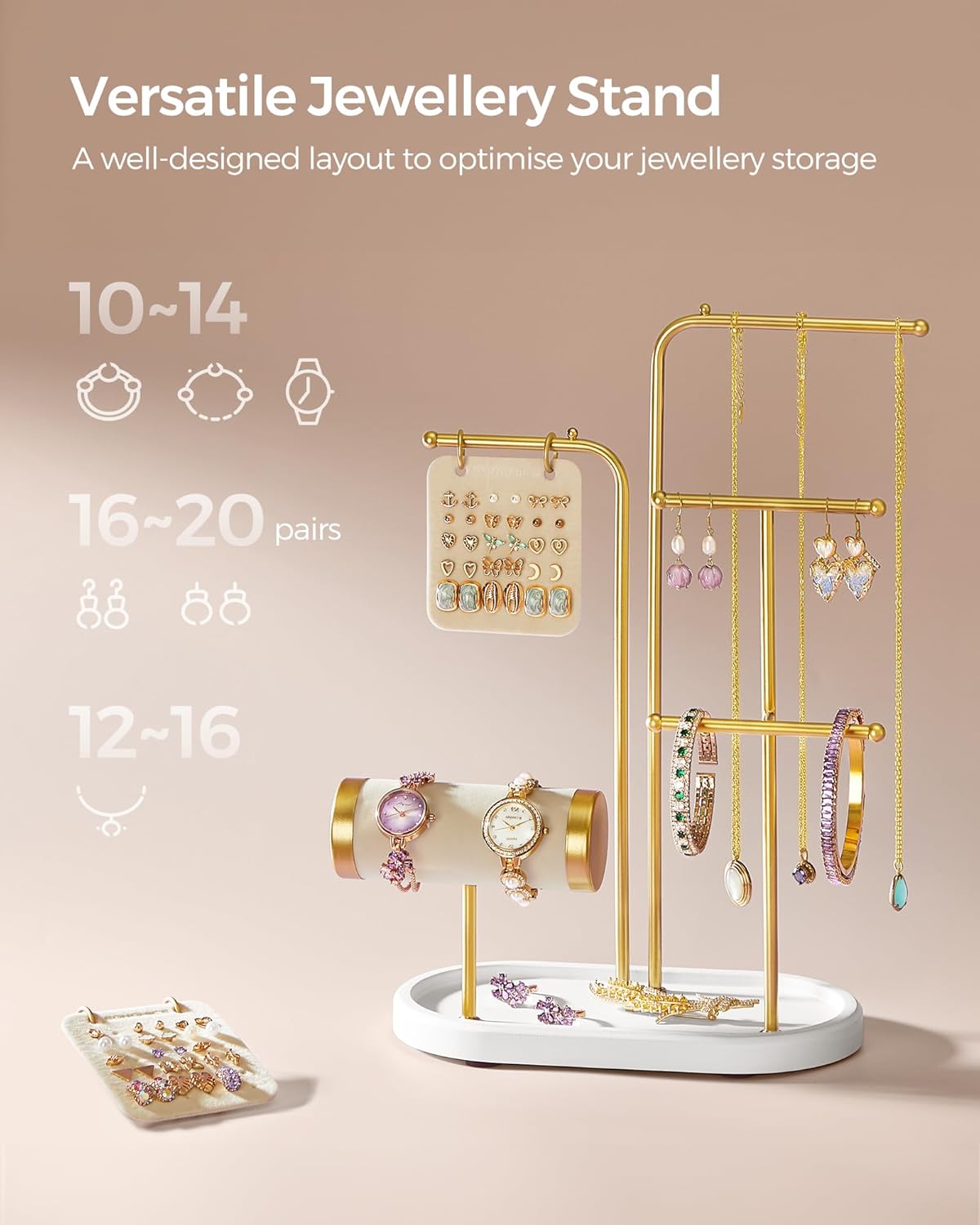 SONGMICS Stand suport pentru depozitare si expunere bijuterii, otel, 11x20x32 cm, auriu - 3