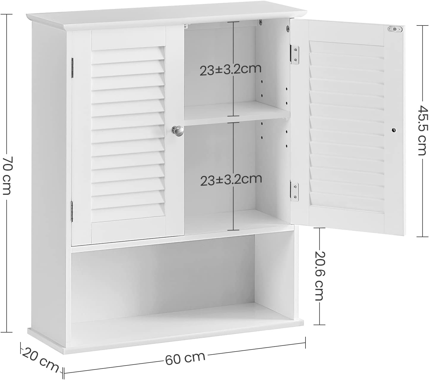 VASAGLE Dulap de perete pentru baie, cu raft reglabil si 2 usi, 20x60x70 cm, alb