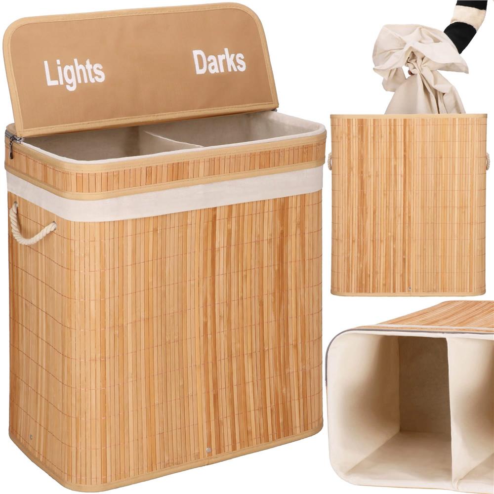 Cos de rufe din bambus cu capac, 2 compartimente, sac detasabil, volum 100L, 53x32x62cm, maro