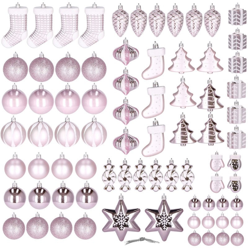 Set globuri si decoratiuni de Craciun, 77 piese, diverse dimensiuni, roz