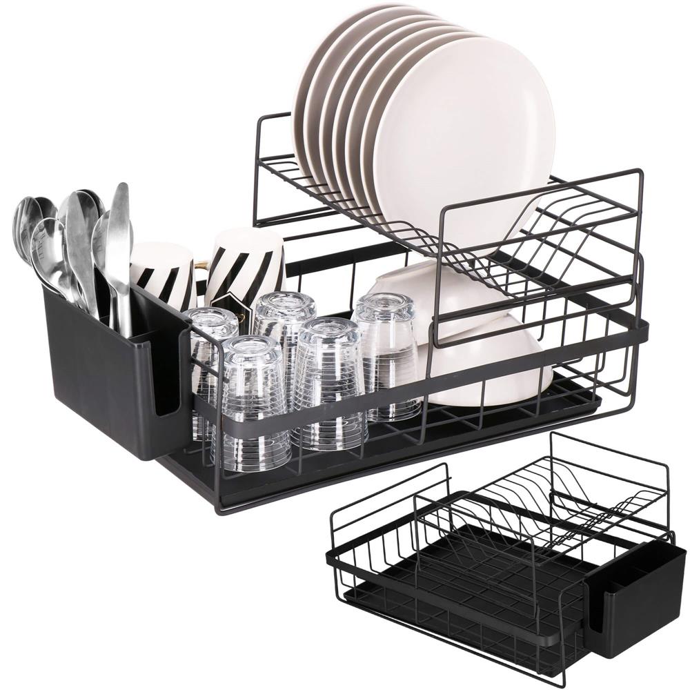 Uscator de vase cu suport tacamuri, din otel, pe 2 nivele, cu tava de scurgere, 50x30x24cm, negru