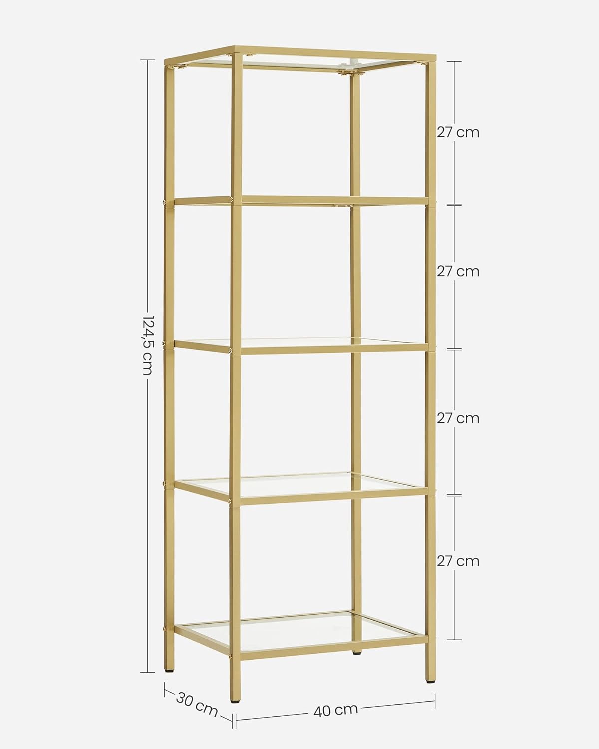 VASAGLE Raft cu trepte pentru dormitor, 5 etaje, din sticla securizata, cadru din otel, 30x124x40cm, auriu