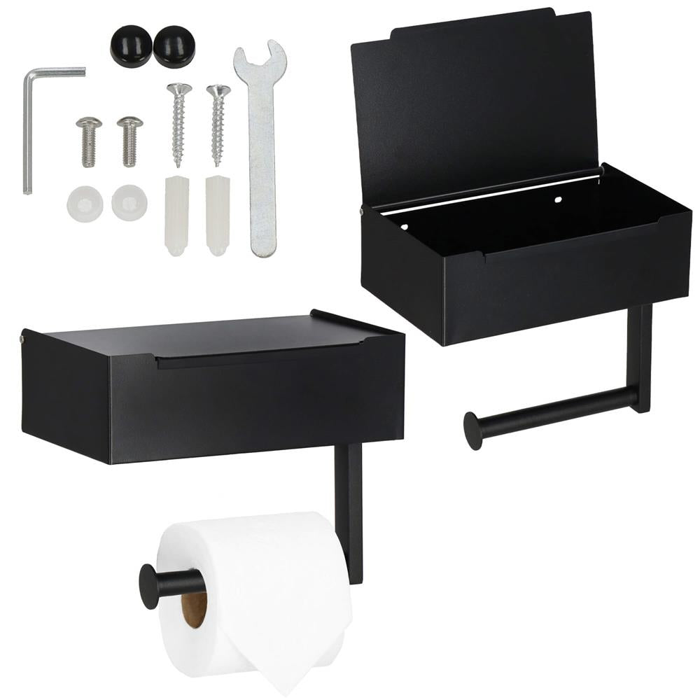 Suport hartie igienica din otel cu sertar depozitare, sistem montare inclus, 22cm, negru bej