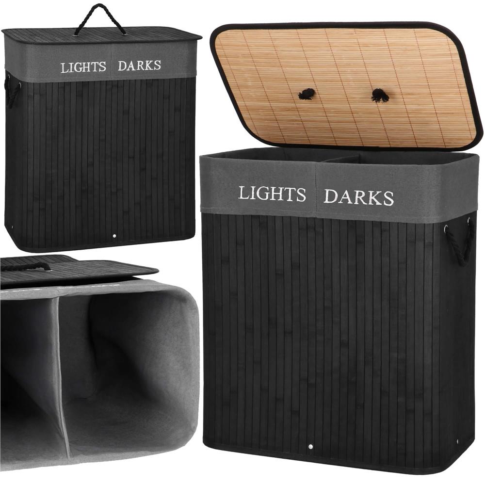 Cos de rufe din bambus cu capac, 2 compartimente, sac detasabil, volum 100L, 54x34x60cm, negru