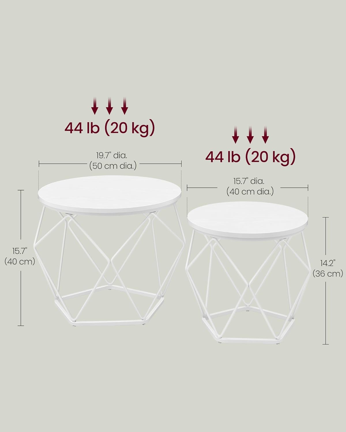 VASAGLE Set de 2 mese de cafea rotunde, cadru otel si blat detasabil, 40cm si 50cm, alb - 3