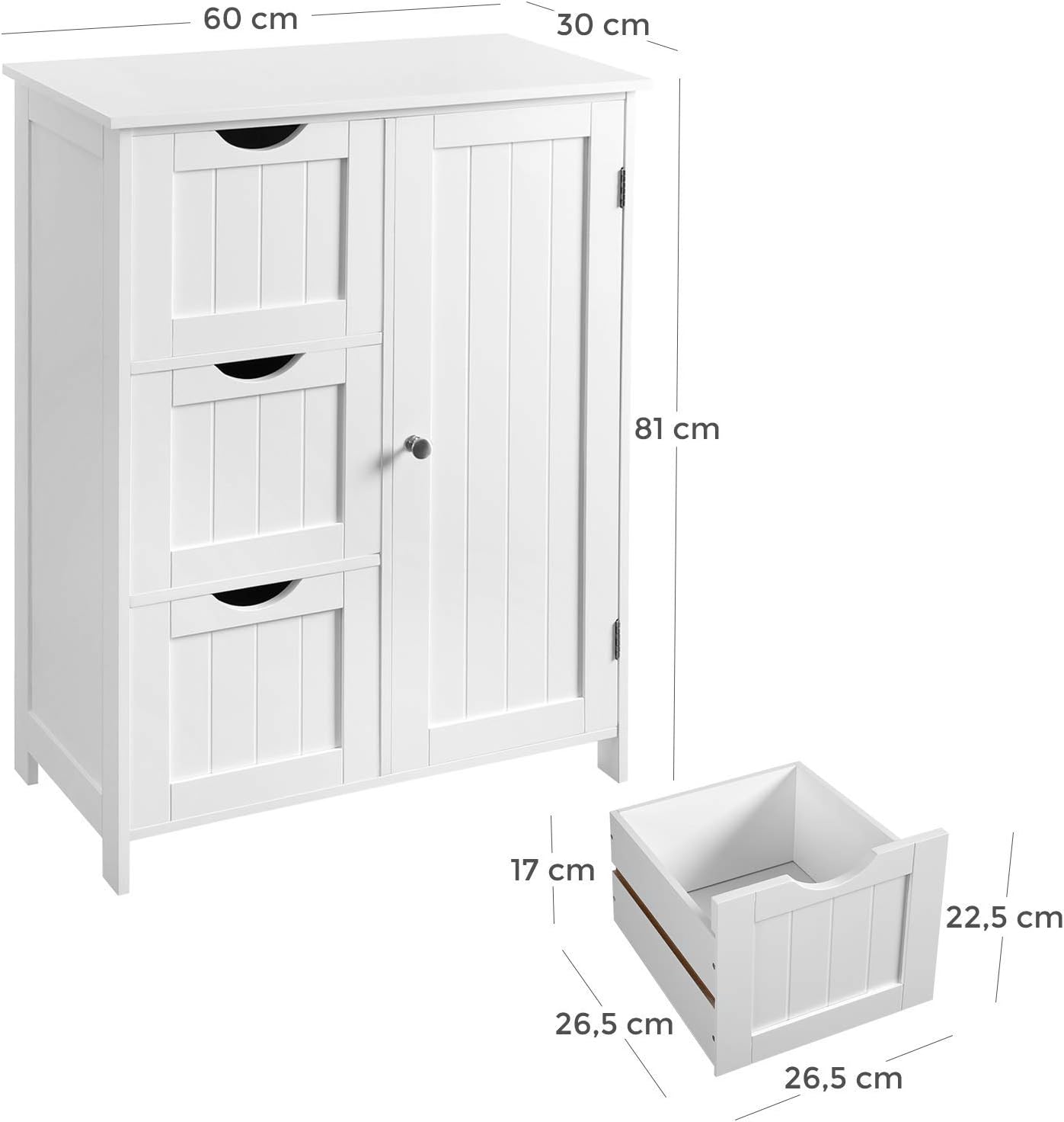 VASAGLE Dulap pentru baie, cu 3 sertare si un raft reglabil cu usa, 60x30x81 cm, alb - 3