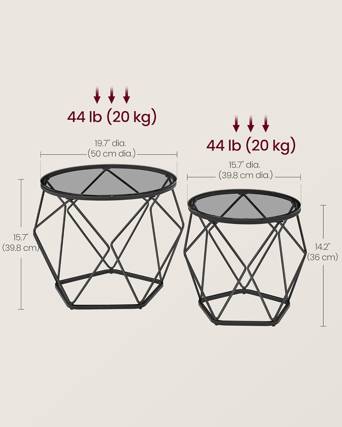 VASAGLE Set de 2 mese de cafea rotunde, cadru otel si blat detasabil din sticla, 40cm si 50cm, negru