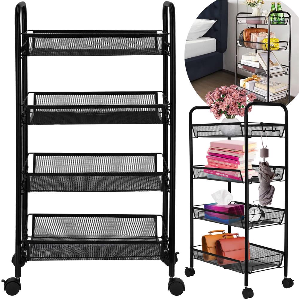 Raft metalic mobil tip carucior pentru bucatarie, 4 polite si 4 agatatori, negru, 44x26x85cm