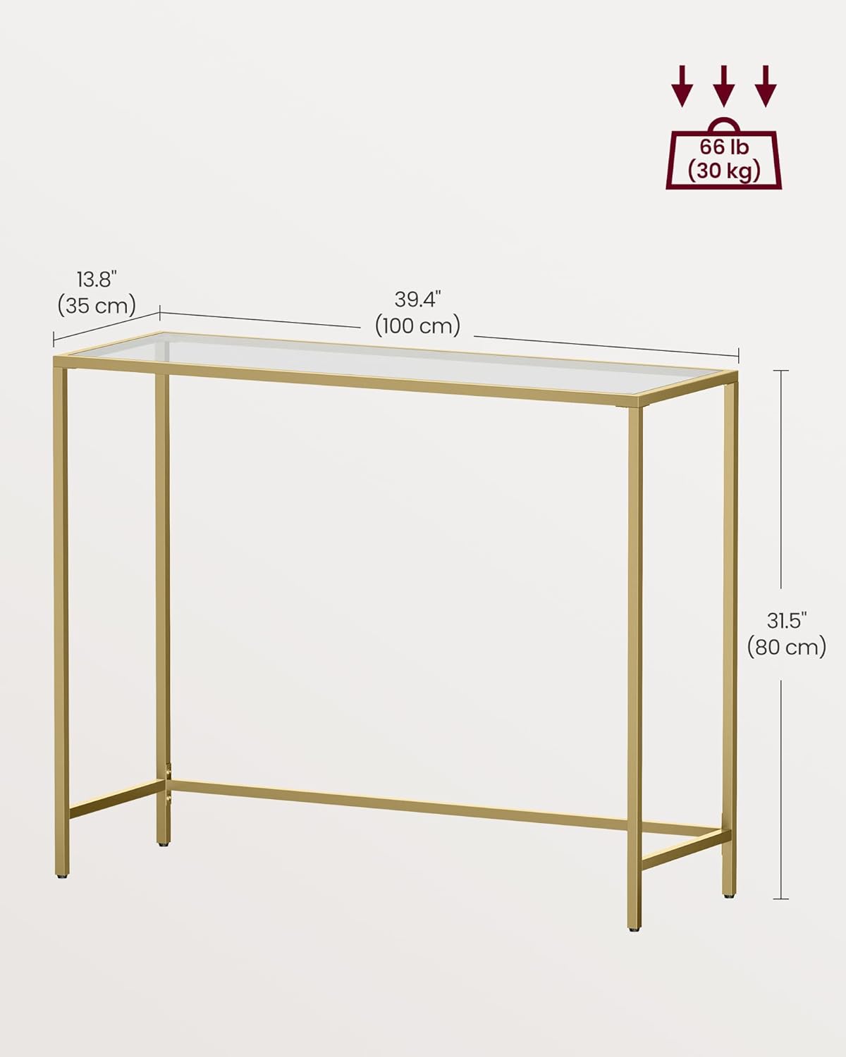 VASAGLE Masa de intrare, blat din sticla securizata, cadru metalic, 35x100x80cm, auriu
