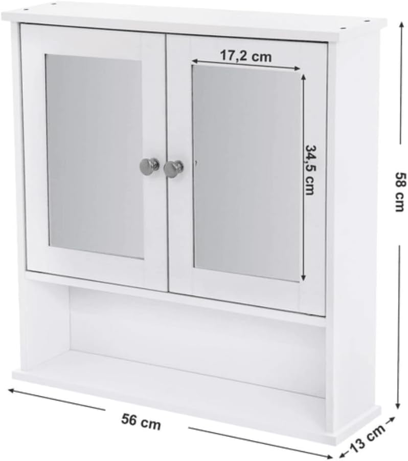 VASAGLE Dulap de baie de perete cu oglinda, 2 usi, compartiment deschis, rafturi reglabile, 13x56x58cm, alb