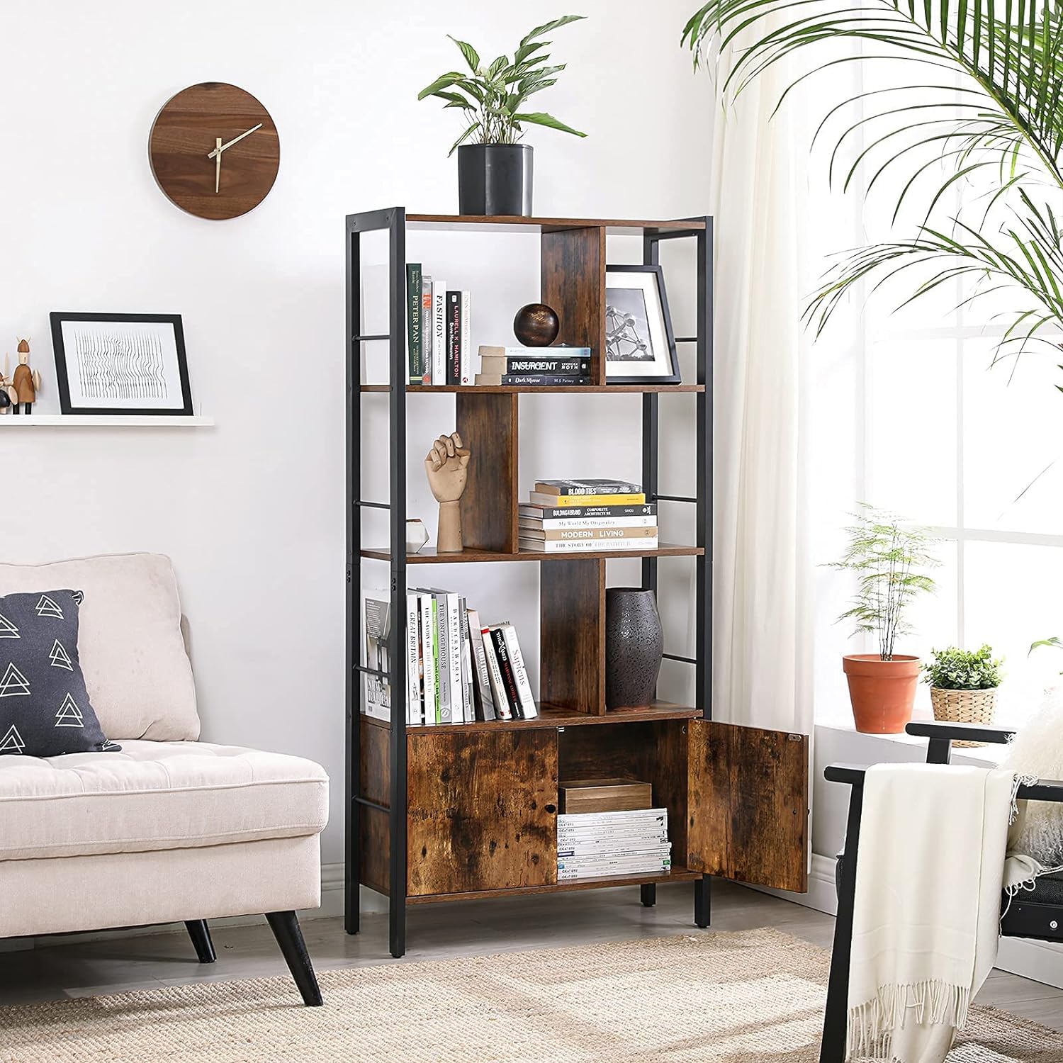 VASAGLE Biblioteca cu 4 rafturi si dulap inferior cu 2 usi, stil industrial, 74x30x155cm, maro rustic
