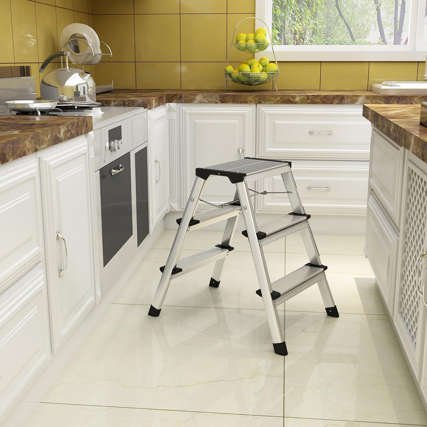 SONGMICS Scara dubla din aluminiu, multifunctionala, sarcina 150kg, cu 3 trepte, 59x44x62cm - 3
