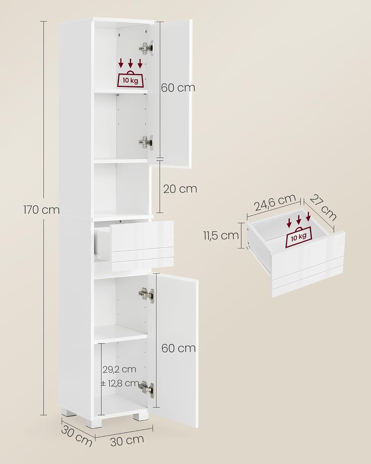 VASAGLE Dulap de baie tip coloana, din MDF, cu sertar si 2 usi, 30x30x170cm, alb