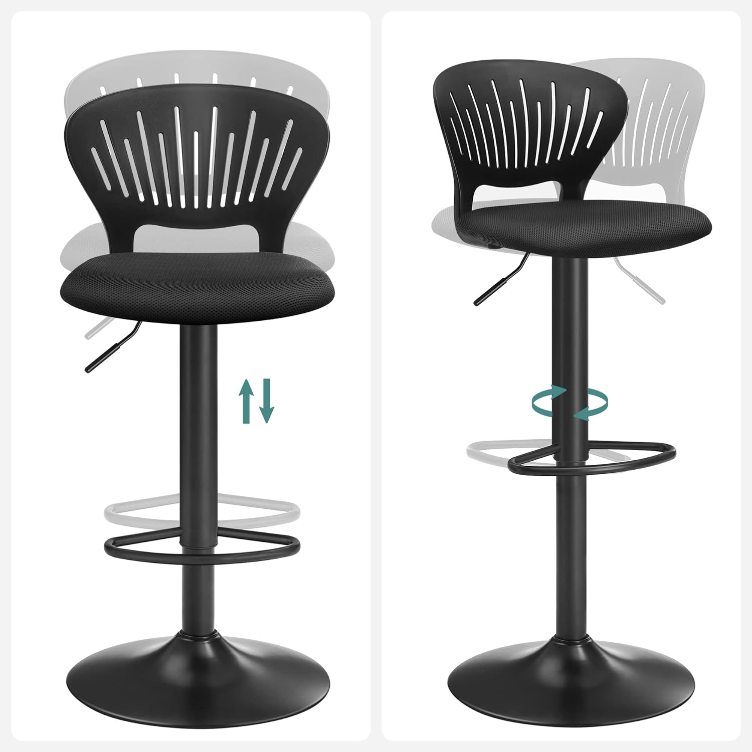 SONGMICS Set 2 scaune de bar captusite, reglabile, cu spatar si suport pentru picioare, rotatie la 360, 39x42x107cm, negru