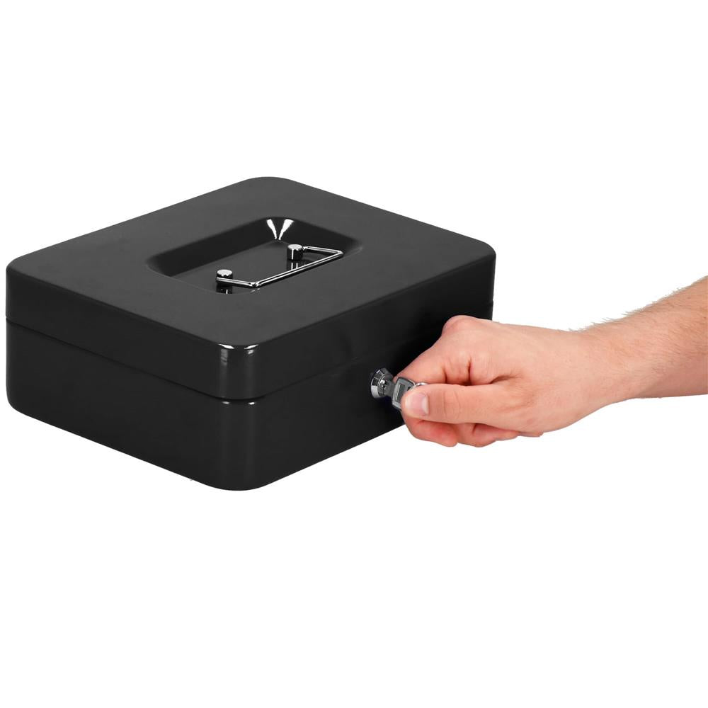Caseta pentru bani tip cutie de valori, compartimentanta, cu cheie, metal, 25x20x9cm, negru