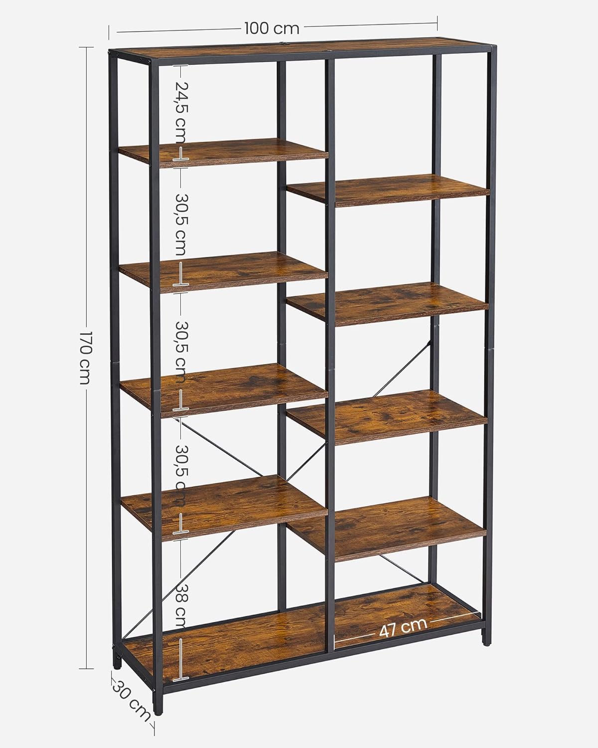 Biblioteca cu suport de depozitare pe 5 etaje, 30x100x170cm, stil industrial, maro rustic si negru