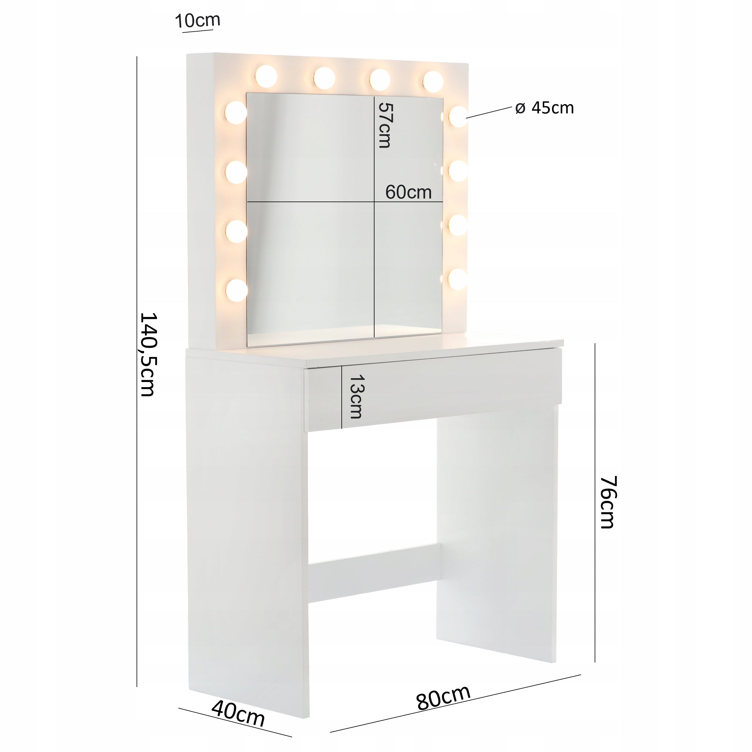 Masa de toaleta si machiaj Hollywood, alba, cu oglinda si 12 LED-uri, 80x40x140 cm