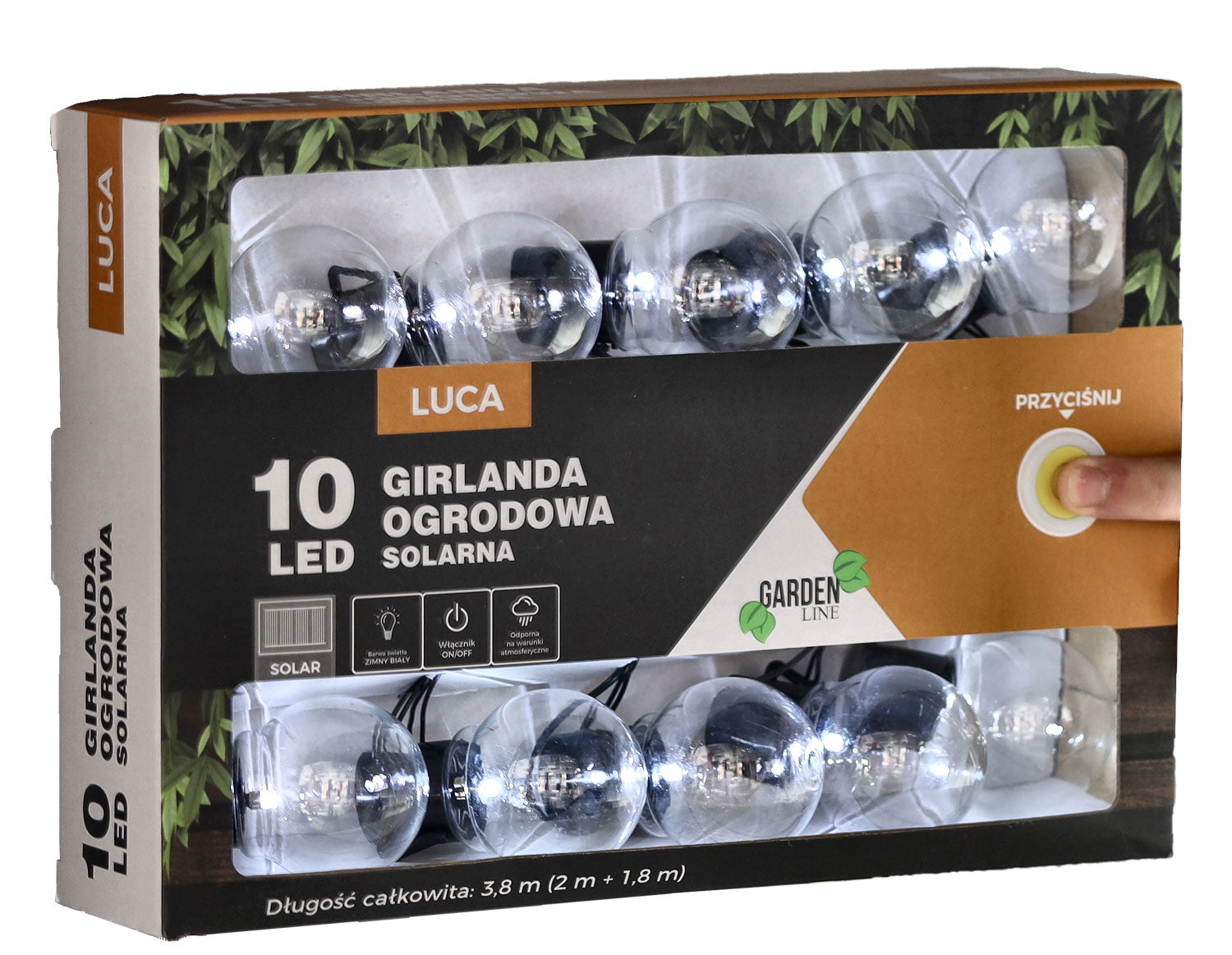 Ghirlanda luminoasa, LED, model Luca, 10 becuri, 380cm, incarcare solara, lumina alb rece