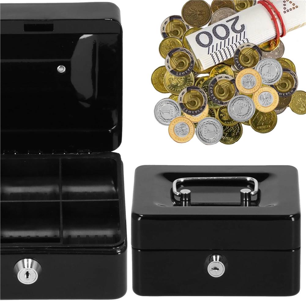 Caseta pentru bani tip cutie de valori, compartimentanta, cu cheie, metal, 15x12x8cm, negru